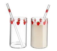 Mikinona Strawberry Print Milk Cup Set Glass Juice Container for Family Hotel Office Elegant Water Bottle Straw Cup Random Style