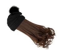 Mikinona Winter Beanie Wig Set for Women, Detachable Light Brown Long Wavy Hair Wig with Black Knitted Warm Hat, Cosplay and Daily Wear Hairpiece