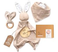 Mikito Baby Gift Set - Organic Newborn Essentials | 4-Piece Keepsake Set | Muslin Comforter, Wooden Teether, Bib & Birth Announcement Sign | Ideal for New Baby & First Time Mums
