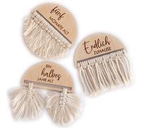 Mikito Macrame Wood Disc DIY Kit - 20 Weeks/Months Cards with 10 Laser Engraved Discs & 130 Pcs Macrame Yarn - DIY Baby Shower Activity and Decoration, Unisex, Modern Style
