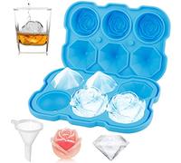 Mikiwon 2 Inch Rose Ice Cube Trays With Covers, 3 Cavity Silicone Rose & Diamond Ice Tray, Easy Release Large Ice Cube Form for Chilled Cocktails, Whiskey Juice (Blue)