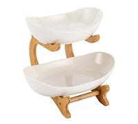 MIKIYUEER 2 Tier Pottery Fruit Basket with Bamboo Stand, Kitchen Counter Fruit Bowl for Snacks, Vegetables & Desserts, Decorative Two-Tier Serving Stand for Party, Wedding, or Home Use (F-02)