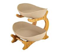 MIKIYUEER 2 Tier Pottery Fruit Basket with Bamboo Stand, Kitchen Counter Fruit Bowl for Snacks, Vegetables & Desserts, Decorative Two-Tier Serving Stand for Party, Wedding, or Home Use (F-01)