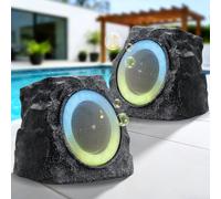 MIKK 2 Pack Solar Rock Speakers Outdoor Waterproof Patio with Lights Color,Multi-Sync Up to 100 Speakers Pairing Solar Powered Rock Speaker Rechargeable for Pool Party Yard Outside