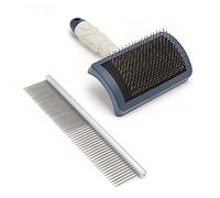 Mikki Dog Puppy Stainless Steel Comb and Hard Pin Slicker Brush, for Cockapoos, Labradoodles, Cavapoos and Golden Doodles - Starter Set 2pcs, Blue, Grey,Small