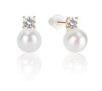 MIKOSTRA - Classic Pearl Earrings Hand Selected Genuine Round Freshwater Cultured Hypoallergenic Earrings for Women Pearl Birthday Christmas Mother's Day Gift, 8mm, Sterling Silver, Pearl