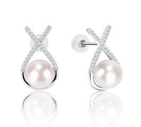MIKOSTRA - Sterling Silver Earrings for Women Hypoallergenic Round White Freshwater Cultured Pearl Earrings Ideal Gift with Gift Box, Sterling Silver, Pearl