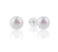 MIKOSTRA - Sterling Silver Pearl Earrings Hand Selected Flat Freshwater Cultured Hypoallergenic Earrings for Women Pearl Birthday Christmas Mother's Day Valentines Gift, 8-9mm, Sterling Silver, Pearl