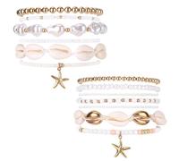 Mikovivi 13pcs Summer Beach Bracelets Set, 2 Styles Stackable Seashell Sea Shell Strand Bracelets & Bohemian Beaded Jewelry Elastic Starfish Charm Jewelry for Women Vacation Summer Beach Party Gift