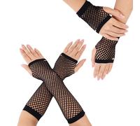 Mikovivi 2 Pairs Fishnet Gloves Fingerless for Women, Long & Short Mesh Arm Sleeves 80s Costume Outfits Accessories Goth Punk Emo Style Party Gloves (Black)