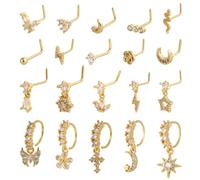 Mikovivi 20pcs Dangle Nose Rings, Gold Dangly Nose Rings Hoops Stylish Noses Ring Studs Jewellery with Flower Star Butterfly Shape Piercing Jewelry Kit for Women Gifts