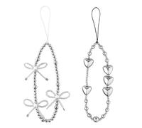 Mikovivi 2pcs Beaded Phone Charm Strap, Anti-Lost Silver Pearl Wristband Lanyard Mobile Cell Phone Bracelet for Women Keychains Pendant Wallets Cameras Decoration (Loving Heart + Bow)