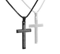 Mikovivi 2pcs Bible Verse Cross Chain, Silver Black Crucifix Prayer Religious Jewelry Gift Stainless Steel Jesus Cross Pendant Christian Necklace Men with Necklaces for Religious Jewelry Gifts
