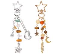 Mikovivi 2pcs Sun Moon Star Keychain Keyring, Y2K Key Chain with Gravel & Beads Boho Aesthetic Bag Charms for Women Girl Purse Handbags Backpack Accessories (Silver, Gold)