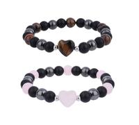 Mikovivi 2pcs Triple Protective Bracelets, Tigers Eye & Rose Quartz Elastic Beaded Bracelets with Heart Crystal for Women Men Decorations and Spiritual Jewelry Gifts for Inner Peace