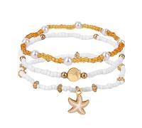 Mikovivi 3pcs Boho Shell Anklet Set for Women, Stretchable Beach Starfish Pearl Beads Seashell Ankle Bracelets Summer Fashion Foot Jewelry for Vacation Seaside Party Gift