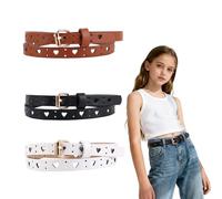 Mikovivi 3pcs Girls Leather Belts for Kids Size 10-12, Openwork Heart Style Skinny Leather Belt Clothing Accessories for Jeans Dresses Uniform (Black, White, Camel)