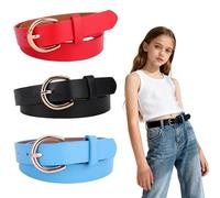 Mikovivi 3pcs Girls Leather Belts Size Age 10 11 12, Skinny Leather Belt Clothing Accessories Supplies for Kids Toddler Children Teen Jeans Dresses (Black Red & Blue)