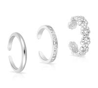 Mikovivi 3pcs Silver Toe Rings, Open Adjustable Copper Toe Ring Set Flower Diamond Plain Foot Ring Summer Beach Foot Jewelry for Women