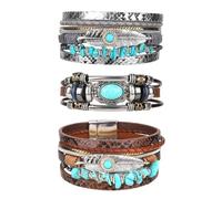 Mikovivi 3pcs Turquoise Western Bracelets, Boho Cuff Bangle Beaded Leather Bracelet Bohemian Country Jewelry for Women Fashion Gifts