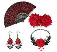 Mikovivi 4pcs Flamenco Accessories Set, Women Red Rose Hair Clip Embroidered Sequin Flamenco Fan Flower Necklace & Earrings for Dancer Costume Halloween Cosplay Party