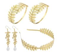 Mikovivi 4pcs Greek Goddess Costume Accessories Set, Golden Leaf Crown Headband Coil Upper Arm Bracelet & Pearl Dangle Earrings Bridal Headpiece for Wedding Women Toga Costume