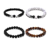 Mikovivi 4pcs Men’s Beaded Bracelets, Elastic Beads Bracelets for Men Agate Howlite Lava Rock and Tiger Eye Stone Adjustable Anxiety Jewelry for Woman Man Father Husband (4 Styles)