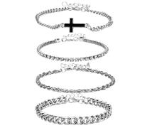 Mikovivi 4pcs Men's Cross Cuban Bracelet Set, Adjustable Alloy Silver Cuban Bracelet for Men Dad Boyfriend Son Christmas Birthdays Anniversaries Present