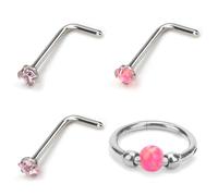 Mikovivi 4pcs Nose Rings, Stainless Steel 18g L Shaped Nose Studs Steel Hinged Clicker Rings Hoop for Nostril Septum Cartilage Helix Rook Earlobe Lip Piercings Jewelry(Pink)