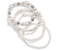 Mikovivi 4pcs Pearl Bracelets for Women, Multilayered White Simulated Pearl Beaded Bracelet Set Stackable Stretchy Dainty Bridal Jewelry with Heart Charms for Wedding Birthday Party (Silver)