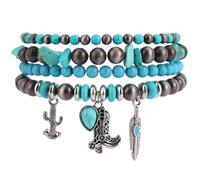 Mikovivi 4pcs Western Beaded Bracelets for Women, Synthetic Turquoise Boho Jewelry Bracelet for Rustic Concert Cowboy Accessories