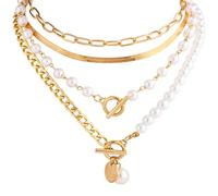 Mikovivi 4pcs Women's Pearl Necklace, Layering Stack Pearl Pendant Necklace Multilayer Paper Clip Gold Necklace Chunky Necklaces for Women Summer Seaside Jewelry