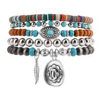 Mikovivi 5pcs Beaded Bracelets for Women, Elastic Turquoise Western Bracelet Stackable Bohemian Bead Jewelry Country Costume Jewelry Charm for Cowboy Cowgirl Gift Western Themed Party