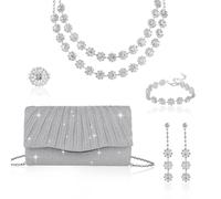 Mikovivi 5pcs Purse Rhinestone Jewelry Set, Bling Clutch Prom Jewelry Set | Silver-Tone Bling Bag, Adjustable Shiny Rhinestone Necklace Bracelet Earrings Diamond Open Ring for Women Prom Wedding Party