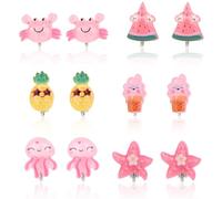 Mikovivi 6 Pair Kids Clip On Earrings, Resin Non-Pierced Magnetic Earrings Beach-Inspired Octopus Crab and More Design Summer Theme Ear Clip Dress Up Jewelry Accessory for Girls (6 Styles)