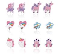 Mikovivi 6 Pairs Clip On Earrings for Girls, Basic Resin Clip On Ear Rings Multicolored Cloud Castle Rainbow Unicorn Heart Pattern Children Non-Pierced Jewelry Dress Up Accessories