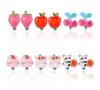 Mikovivi 6 Pairs Clip On Earrings for Girls, Resin Children Non Perforated Ear Clip Set Cute Stick on Earring Cherry Strawberry Fruit Panda Cat Animal Styles Non-Pierced Jewelry Princess Kid Gift