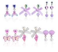 Mikovivi 6 Pairs Colorful Clip on Drop Earrings Set, Resin No Pierced Design Kids Child Dangle Earrings Cute Butterfly Ear Clips for Children Toddler Party Daily Wearing Princess Jewelry