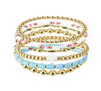 Mikovivi 6pcs Beaded Cross Bracelets Stack Set for Women, Gold-Colored Pink Blue White Pearl Bead Elastic Cross Bracelets Bohemian Christian Stackable Jewelry for Birthday Fashion Accessory Gift