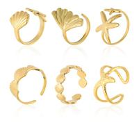 Mikovivi 6pcs Shell Starfish Rings Set, Gold Stainless Steel Adjustable Stackable Seashell Beach Mermaid Ring for Women Summer Sea Surfer Fashion Statement Jewellery Accessories Beachy Gift