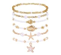 Mikovivi 6pcs Summer Beach Bracelet for Women, Stackable Shell Seashell Starfish Pendant Beaded Jewelry Set Bohemian Summer Beachy Seaside Coastal Vacation Ocean Sea Gift Accessories