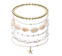 Mikovivi 6pcs Summer Beach Bracelets, Stackable Seashell Starfish Boho Women Elastic Sea Shell Beaded Bracelet Heishi Surfer Jewelry Decoration Accessories and Gifts for Summer Beach Vacation Party