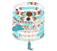 Mikovivi 7pcs Cowgirl Beaded Bracelets, Stackable Western Preppy Heishi Beaded Stretch Bracelets with Cowgirl Hat and Boots Charms Y2K Style Boho Summer Beach Jewelry Accessories for Female (Blue)