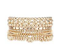 Mikovivi 7pcs Gold Beaded Bracelets for Women, Stylish Elastic Pearl Bead Stack Bracelet Set with Cute Pink Box Trendy Gold Jewellery Wrist Jewelry for Birthday Celebration