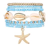 Mikovivi 7pcs Summer Beach Bracelets, Stackable Beaded Sea Shell Starfish Surfer Anklet Jewellery Set Boho Bohemian Holiday Seashell Jewelry Gift for Woman