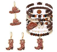 Mikovivi 7pcs Western Cowgirl Beaded Stretch Bracelets with 2 Pairs Earrings, Stackable Boho Bracelets with Cowboy Hat & Boots Charms Y2K Bohemian Jewelry for Women Christmas Birthday Gift