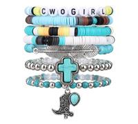 Mikovivi 7pcs Western Cowgirl Bracelets Set, Stackable Bohemian Boho Beaded Stretch Bracelets with Vintage Charms Y2K Style Summer Beach Country Jewellery Cowboy Outfit Accessories for Women