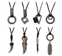 Mikovivi 8pcs Vintage Leather Rope Chains, Adjustable Feather Wolf Tooth Ring Wing Leather Cord Necklaces, Suitable for Men & Women Aged 16 and Above