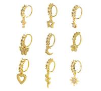 Mikovivi 9pcs Dangle Dangly Dangling Nose Rings for Women, CZ Copper Piercing Jewelry Set Leaf Crown Sun Flower Butterfly Heart Cross Hoops Stud for Septum Cartilage & Tragus (Gold)