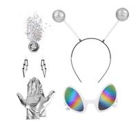 Mikovivi Alien Halloween Costume, Include Antenna Headband, Silver Gloves, Sunglasses, Earrings & Glitter, for Adults Kids